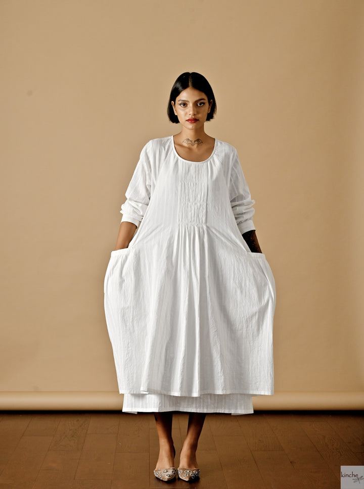 Kyoto, White Khadi Layered Dress, White Stripes - kinchecom