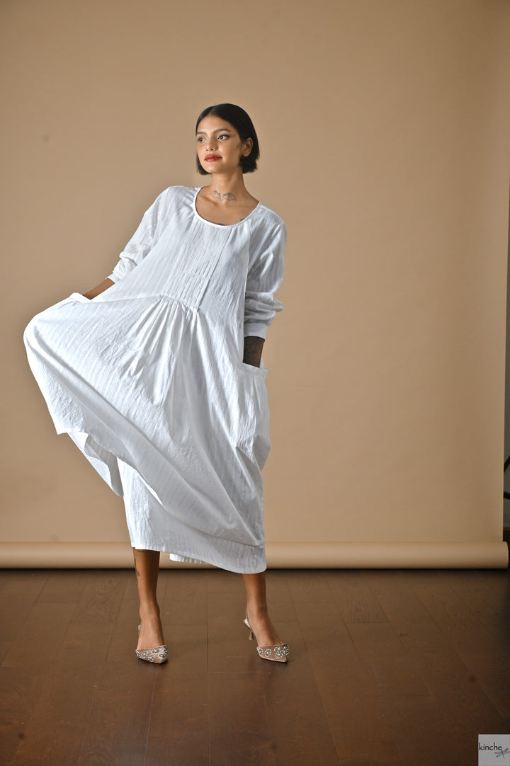 Kyoto, White Khadi Layered Dress, White Stripes - kinchecom