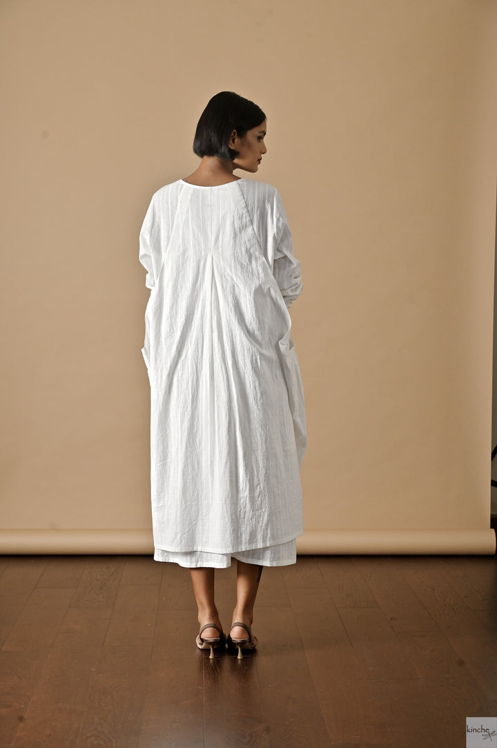 Kyoto, White Khadi Layered Dress, White Stripes - kinchecom