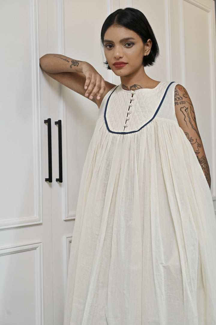 Tara, Khadi, Quilted Yolk Flared Dress with Contrast Piping - kinchecom
