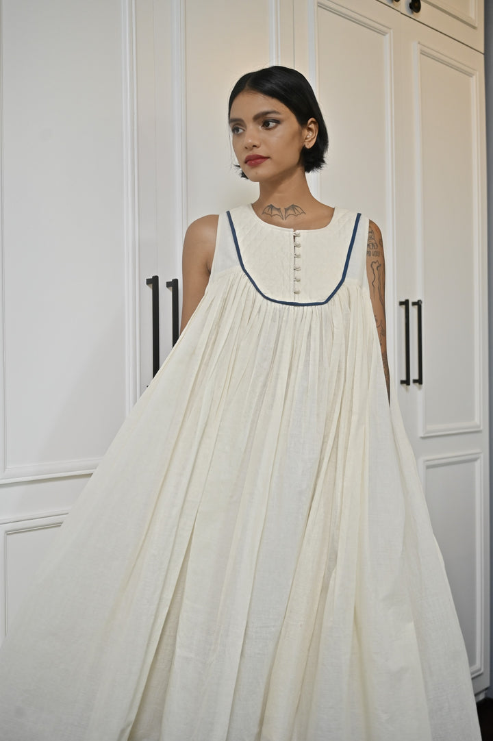 Tara, Khadi, Quilted Yolk Flared Dress with Contrast Piping - kinchecom