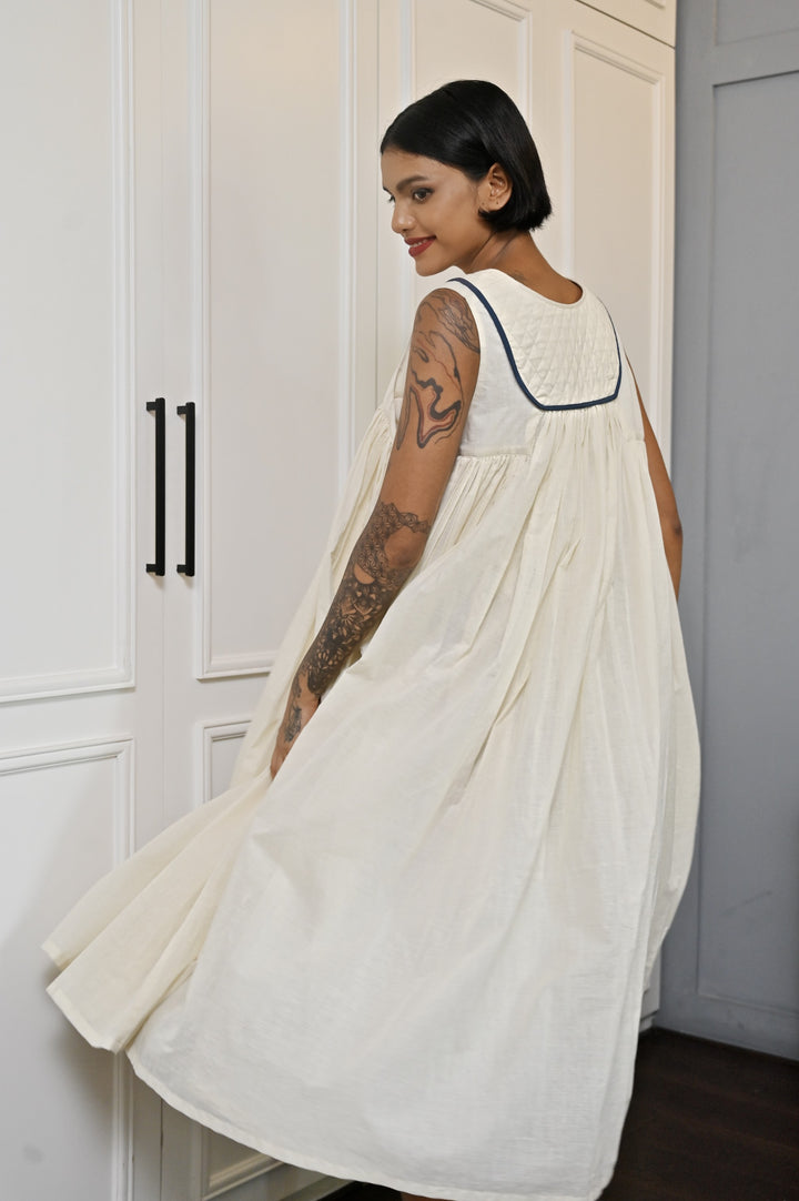 Tara, Khadi, Quilted Yolk Flared Dress with Contrast Piping - kinchecom