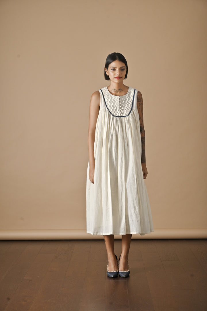 Tara, Khadi, Quilted Yolk Flared Dress with Contrast Piping - kinchecom