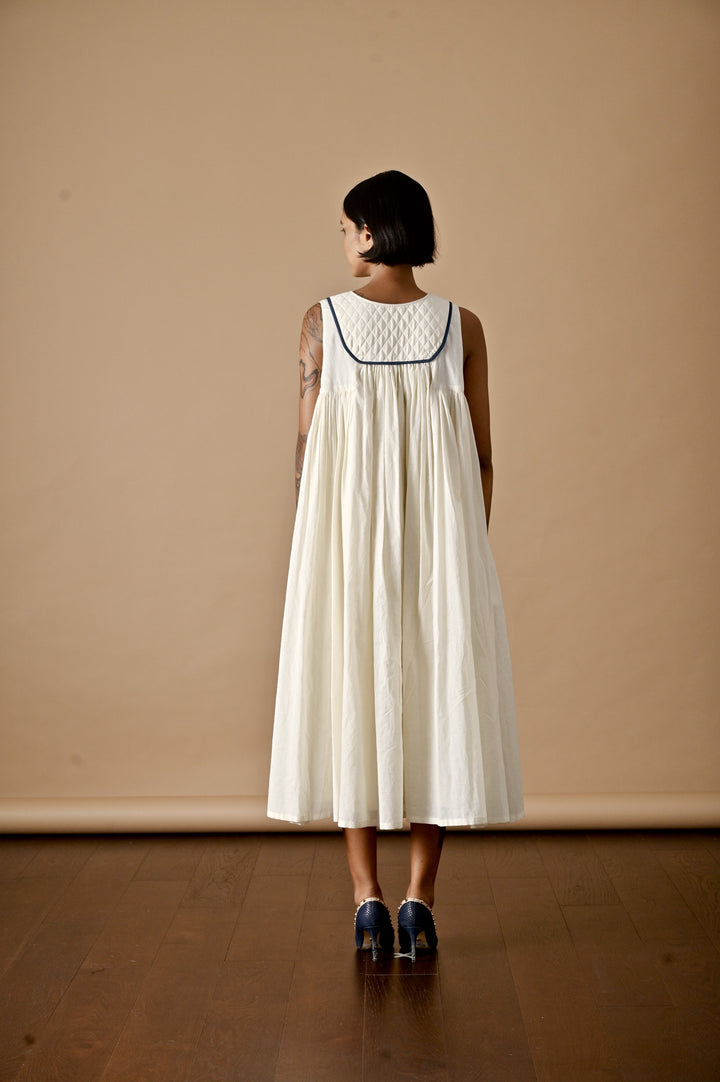 Tara, Khadi, Quilted Yolk Flared Dress with Contrast Piping - kinchecom
