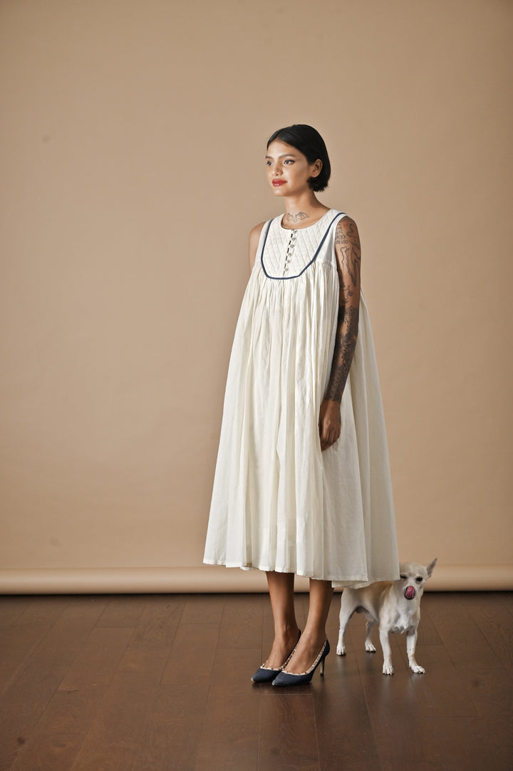 Tara, Khadi, Quilted Yolk Flared Dress with Contrast Piping - kinchecom
