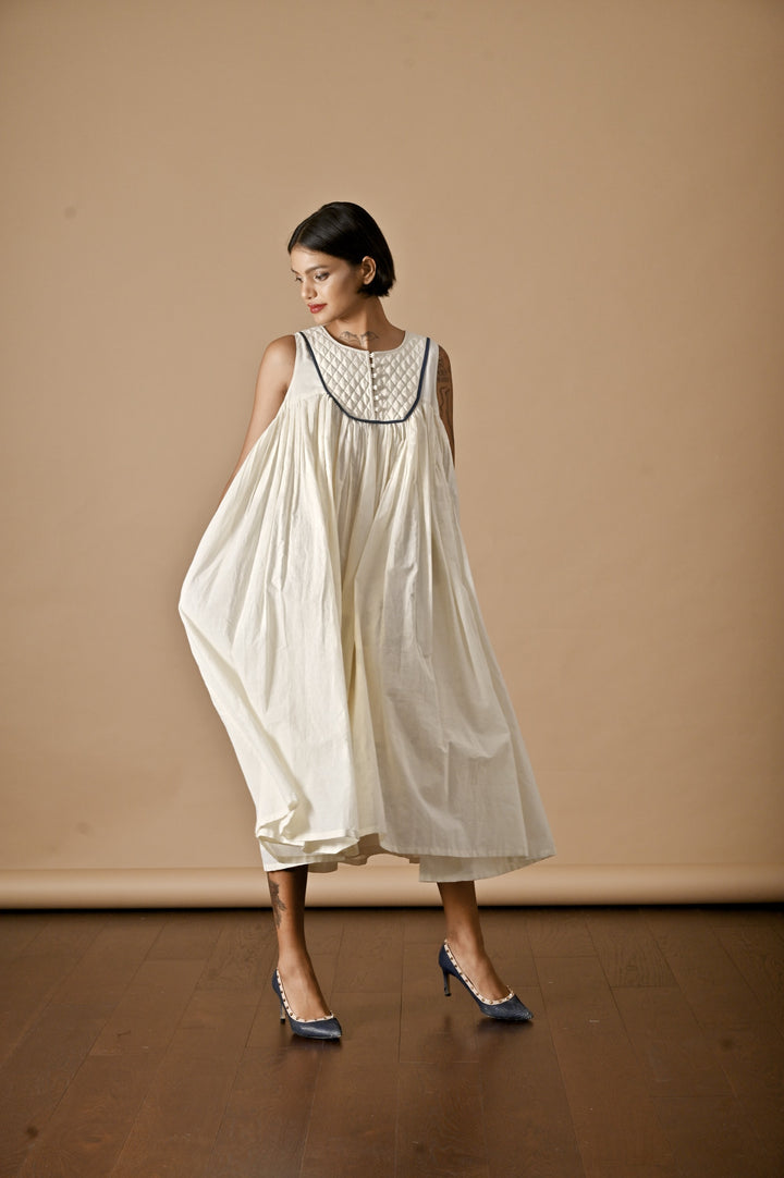Tara, Khadi, Quilted Yolk Flared Dress with Contrast Piping - kinchecom