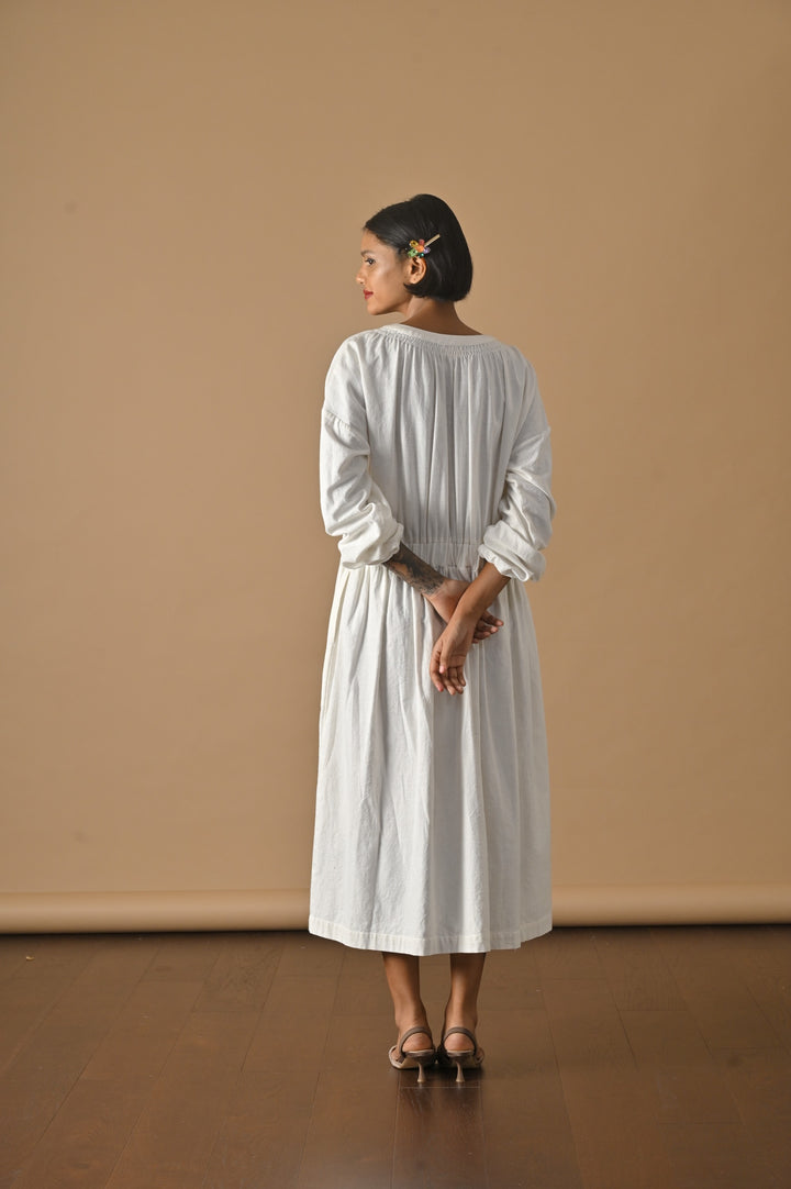 Tulip, Smocked Neckline Flared  Dress, Made with Khadi Fabric - kinchecom
