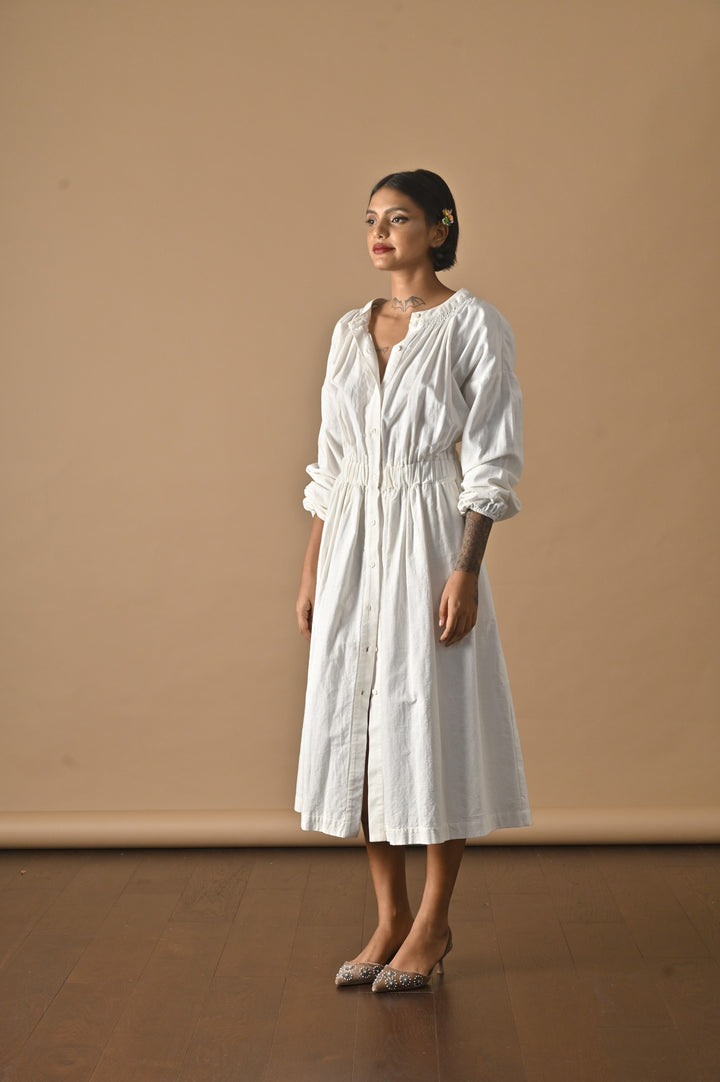 Tulip, Smocked Neckline Flared  Dress, Made with Khadi Fabric - kinchecom