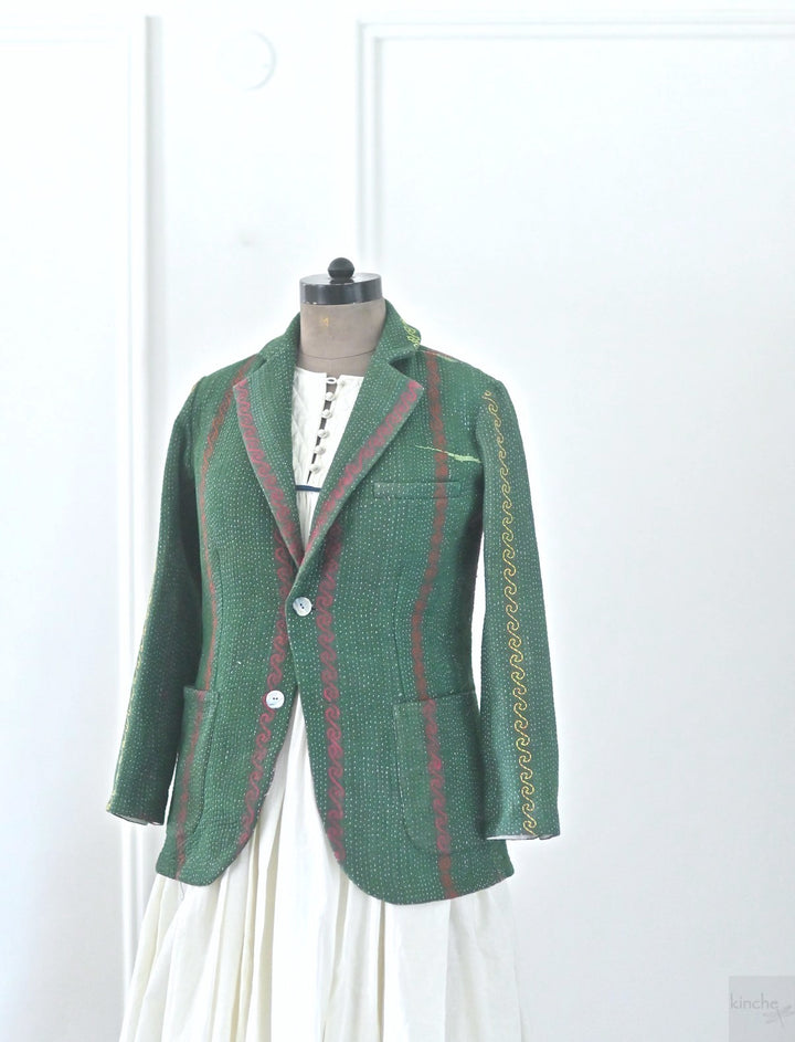 Ashley, Women's Stylish Kantha Quilted Blazer in Dark Green, Medium - kinchecom
