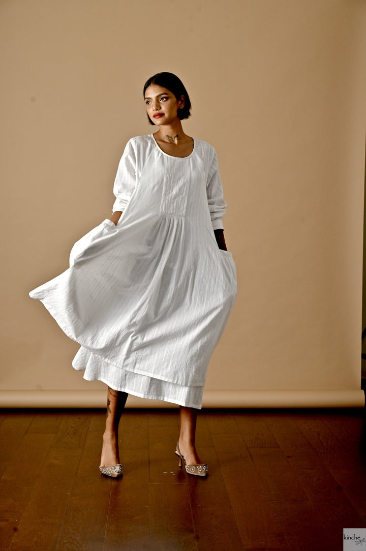 Kyoto, White Khadi Layered Dress, White Stripes - kinchecom
