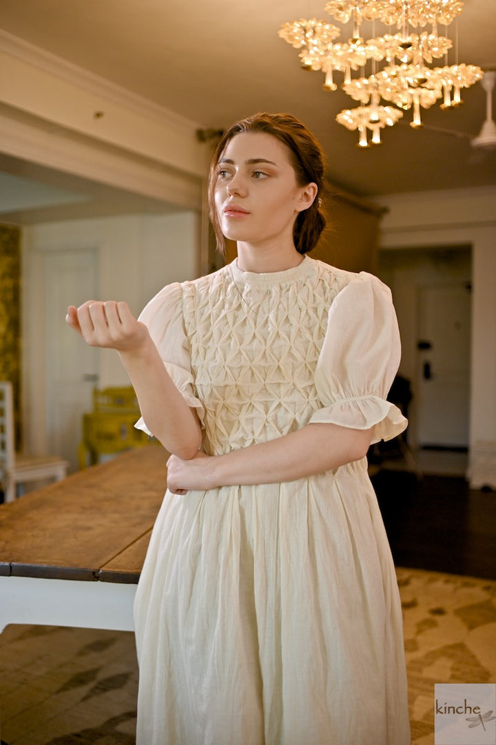 Zinnia Off White, Hand Smocked, Khadi Knee lenght Dress, Handmade - kinchecom