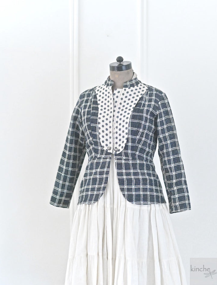 Medium, Maria, Black and White Polka & Check Pattern, Kantha Short Jacket - kinchecom