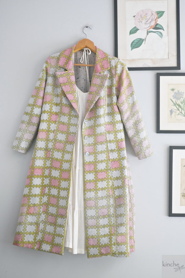 XL, Hilda, Vintage Quilt Long Coat with Brass Buttons, Sustainably Made, Bust 38 Inches - kinchecom