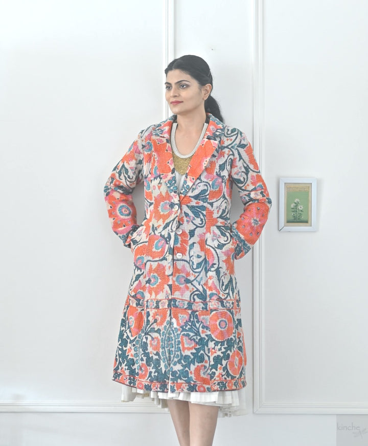 Medium, Adya, Vintage Kantha and Block Print Quilt Long Blazer, One of a Kind - kinchecom