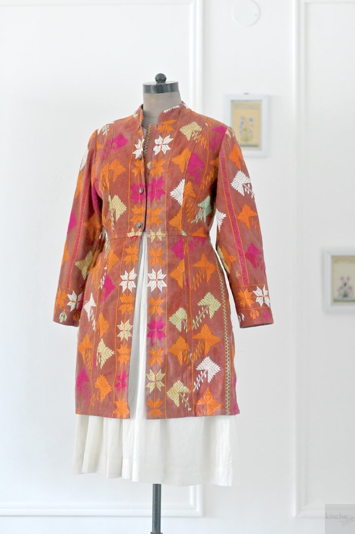 Gurkiran, Size large, Knee Length Jacket Made of Antique Phulkari Chaddar/ One of a Kind - kinchecom