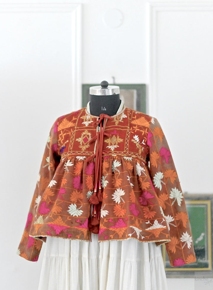 Avreen, Handmade Vintage Phulkari Cropped Boho Jacket, Kediya Style, Large