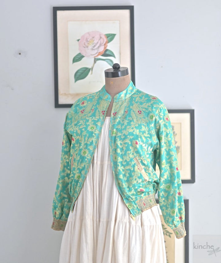 Aisha, Vintage Silk Saree Bomber Jacket in Turquoise , One of a Kind - kinchecom