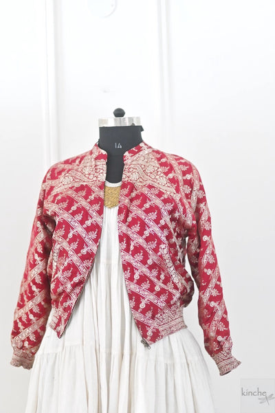 M/L Ebrah, Vintage Silk Saree Bomber Jacket in Deep Red , One of a Kind