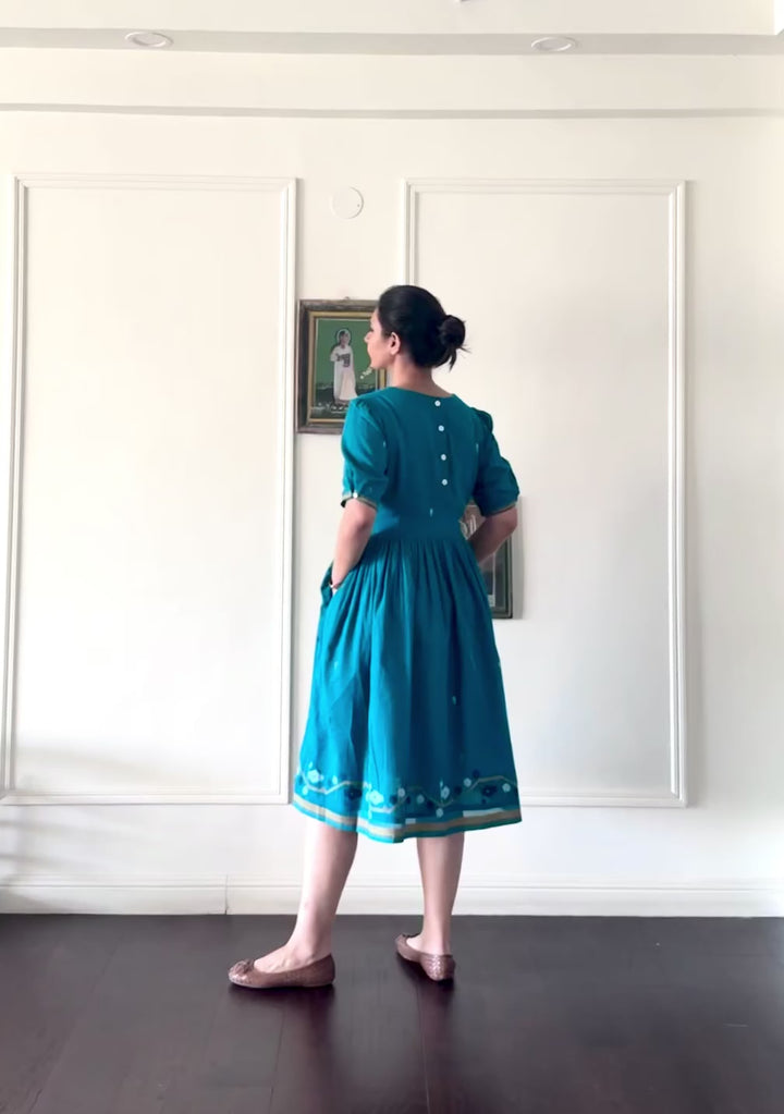 Jhiri, Turquoise Jamdani, Loose Fit Dress with Cotton Lining