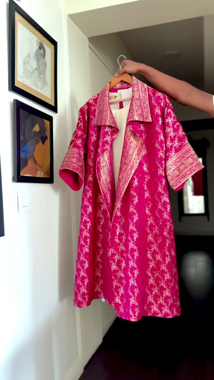 Jama 5, Long Robe Style Coat made with Vintage Zari Silk in Fuschia unisex