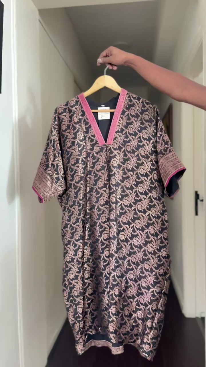 Arfa, Vintage Katan Silk Saree Kaftan Dress in Medium-Large