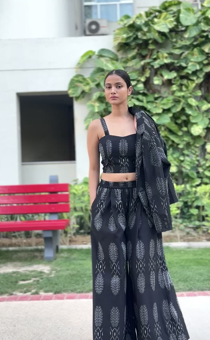 Asaka, Black Ikat Weave Coord Set, Blazer & Flared Pants with a Bustier