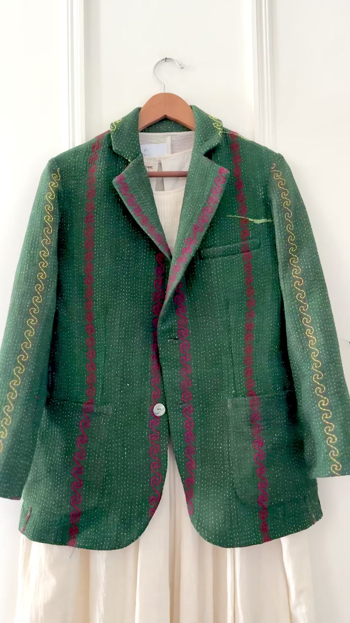 Ashley, Women's Stylish Kantha Quilted Blazer in Dark Green, Medium