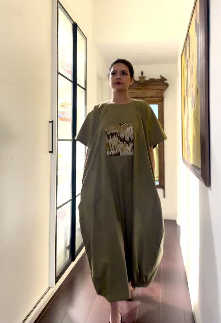 Kia, Cotton Poplin Cocoon Maxi Dress with Glass Beads Hand Embroidery
