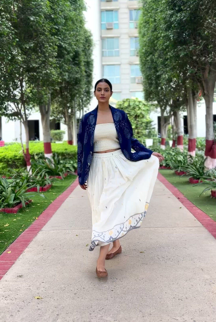 Bukhara, Handwoven Ikat Fabric Cotton Blazer with Kohima Jamdani Skirt