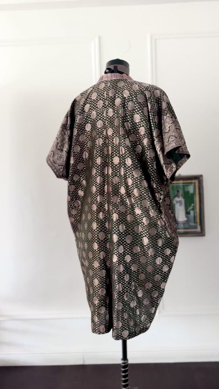 Ila, Vintage Saree, Henna Green & Gold Zari Kaftan, X Large