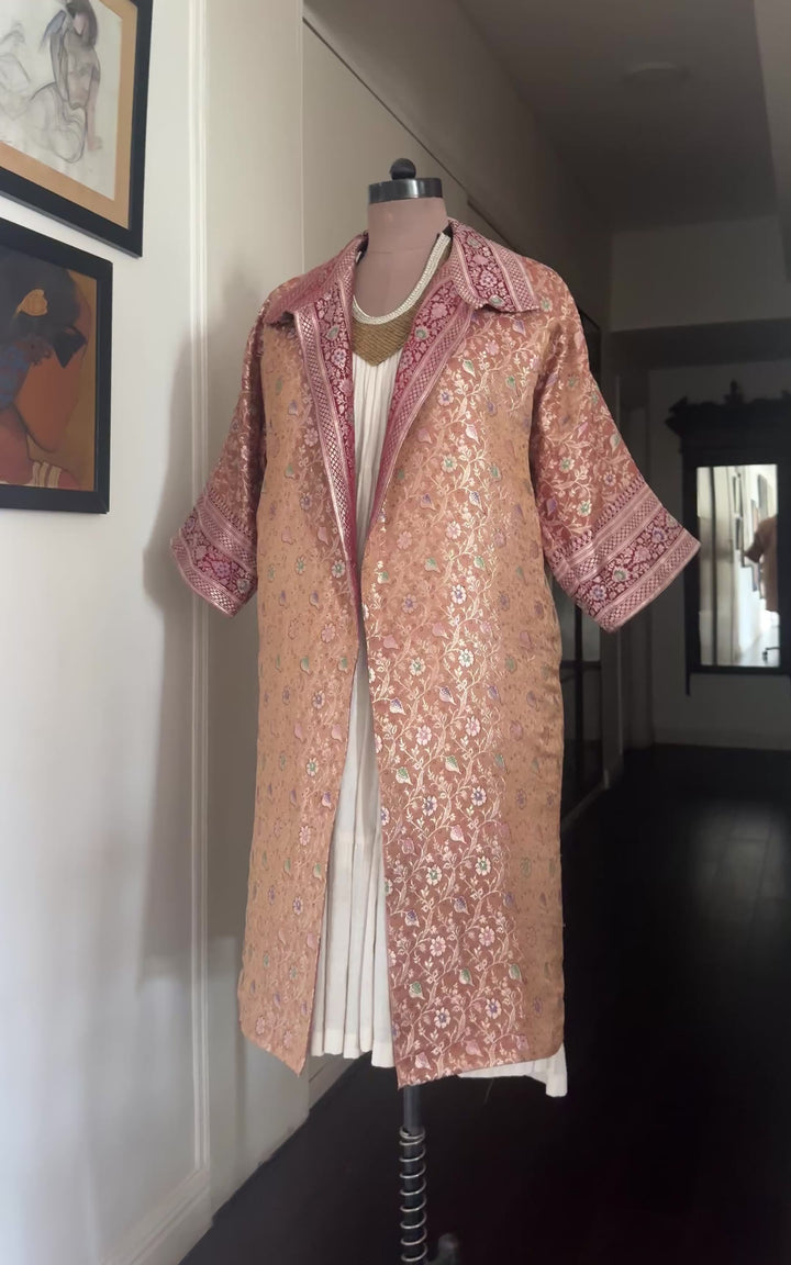 Jama 3, Long Robe Style Coat made with Vintage Zari Silk in Beige