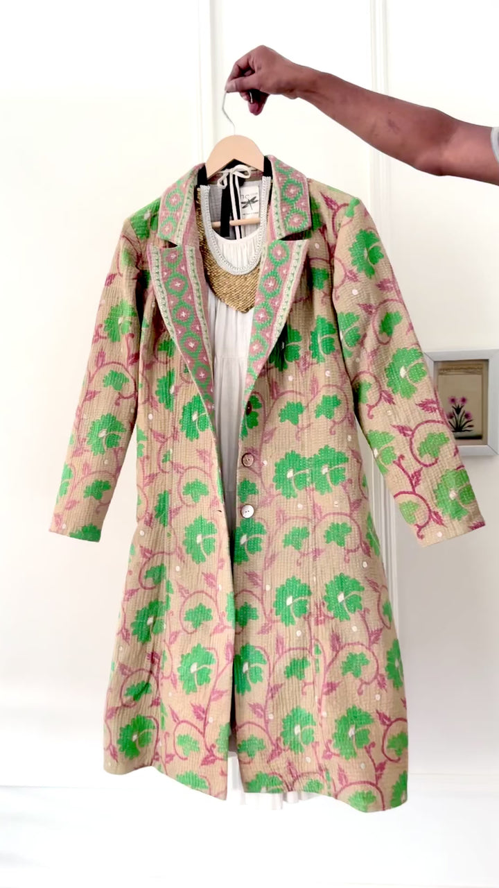 Medium, Luna, Vintage Quilt Long Coat with Brass Buttons, Sustainably Made