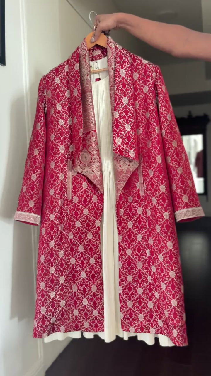 Chashme Shahi 1, Long Robe Style Coat made with Vintage Zari Silk in Fuchia unisex