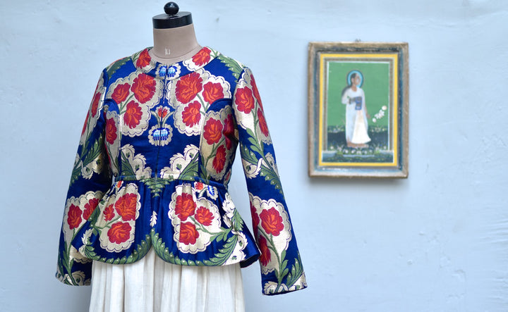 Large, Resoor Yangchen, Gyanta Brocade Jacket in Beautiful Navy Blue & Gold - kinchecom