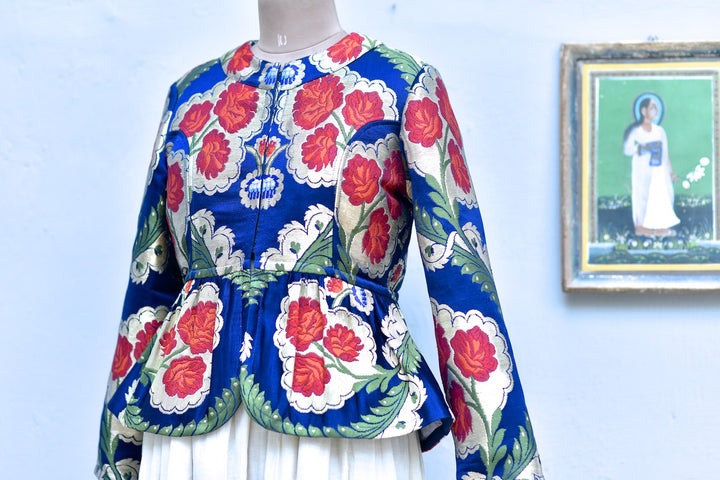Large, Resoor Yangchen, Gyanta Brocade Jacket in Beautiful Navy Blue & Gold - kinchecom