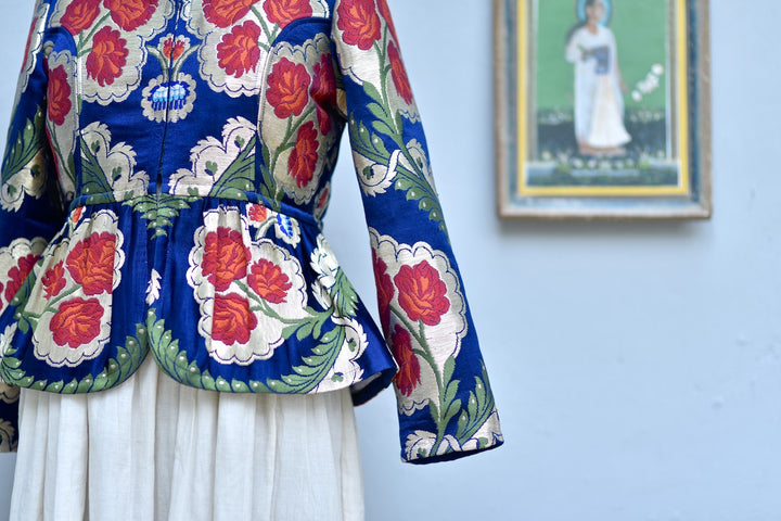 Large, Resoor Yangchen, Gyanta Brocade Jacket in Beautiful Navy Blue & Gold - kinchecom