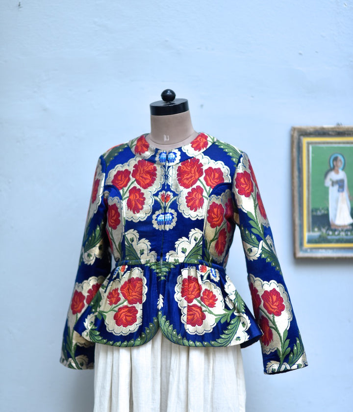 Large, Resoor Yangchen, Gyanta Brocade Jacket in Beautiful Navy Blue & Gold - kinchecom