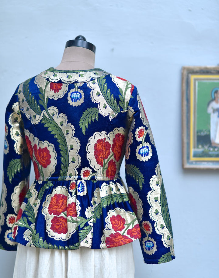 Large, Resoor Yangchen, Gyanta Brocade Jacket in Beautiful Navy Blue & Gold - kinchecom