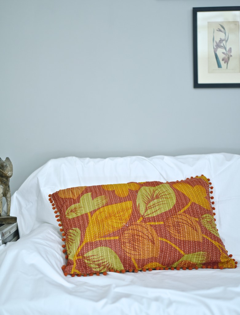 Bishnoi, Reversible Vintage Kantha Cushion Cover With Pom Poms 25X16" - kinchecom
