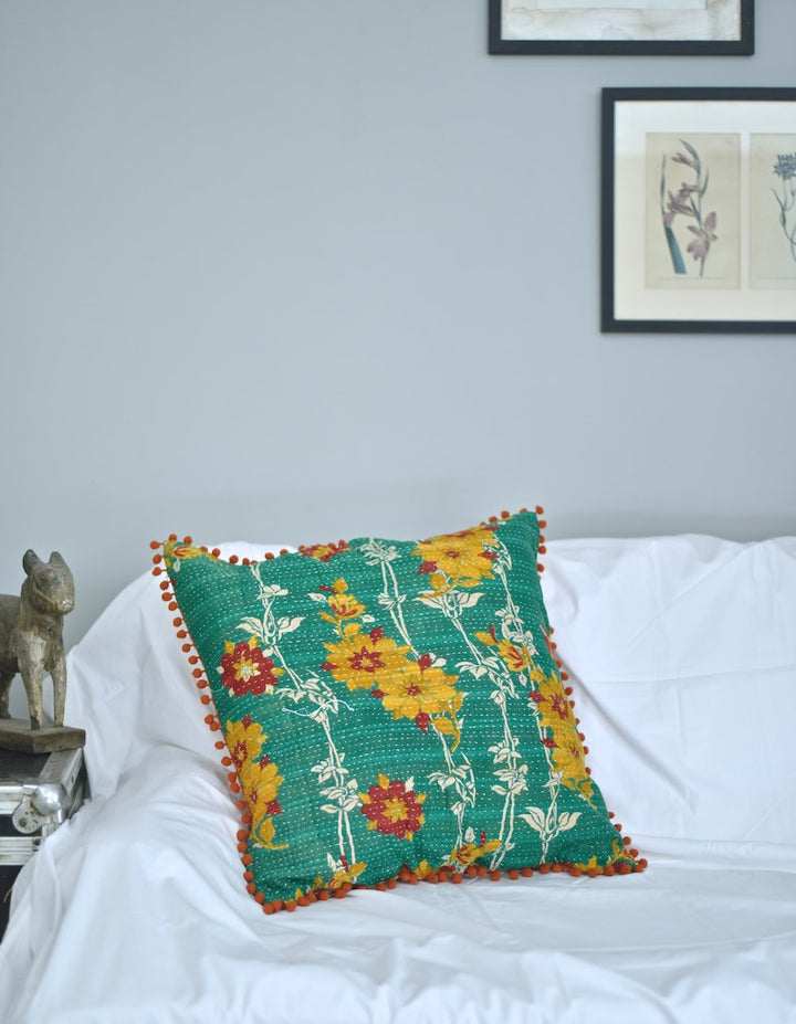 Ganga, Reversible Vintage Kantha Cushion Cover With Pom Poms 20X20" - kinchecom