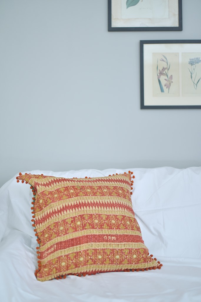 Ganga, Reversible Vintage Kantha Cushion Cover With Pom Poms 20X20" - kinchecom