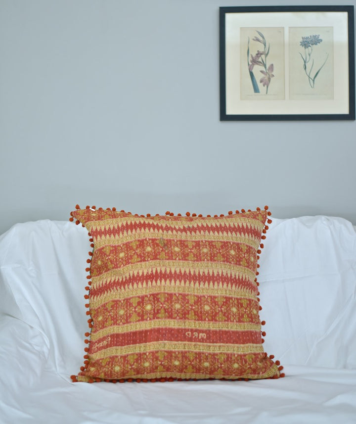 Ganga, Reversible Vintage Kantha Cushion Cover With Pom Poms 20X20" - kinchecom