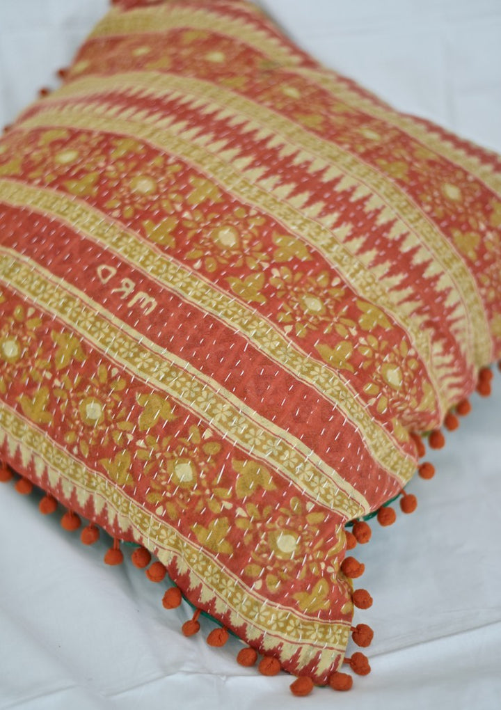 Ganga, Reversible Vintage Kantha Cushion Cover With Pom Poms 20X20" - kinchecom