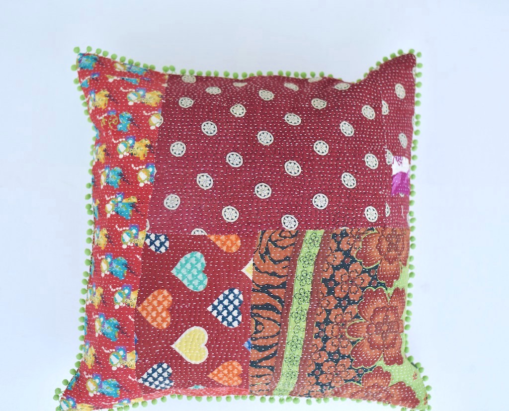 Beas, Reversible Vintage Kantha Cushion Cover 20X20" - kinchecom