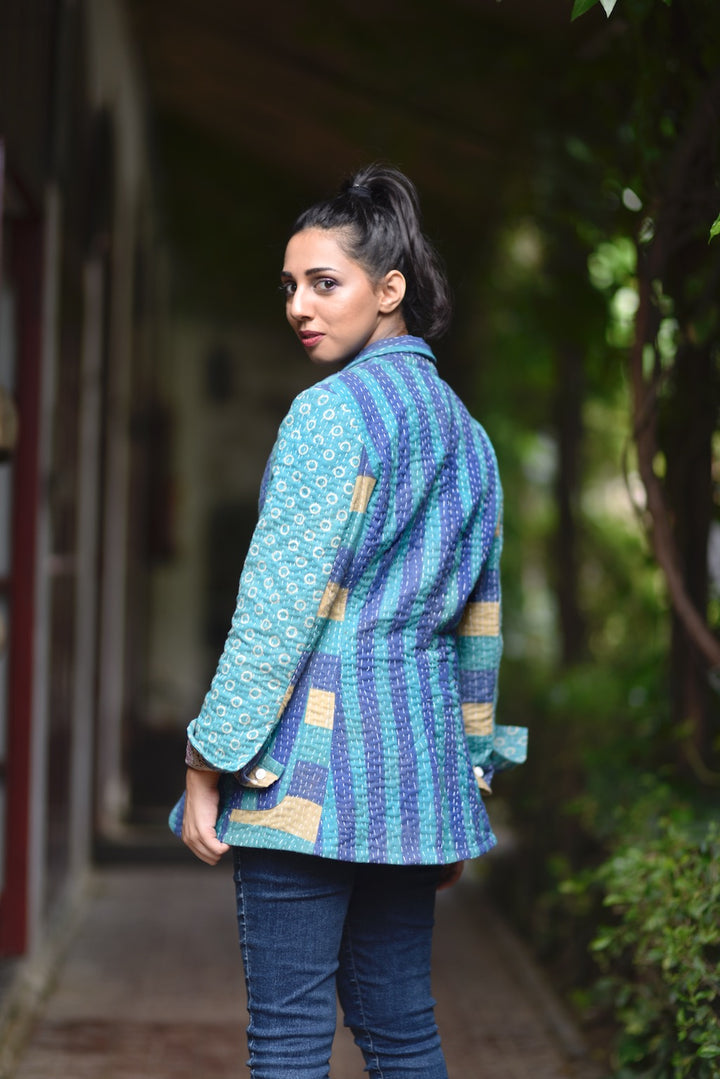 Austin,Small, Boyfriend Blazer, Jacket Made with Vintage Kantha Fabric - kinchecom