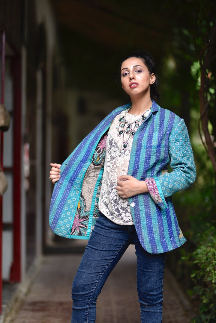 Austin,Small, Boyfriend Blazer, Jacket Made with Vintage Kantha Fabric - kinchecom