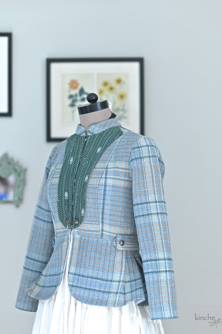 Small, Rose Kantha Short Jacket in Light Blue Check and Contrast back - kinchecom