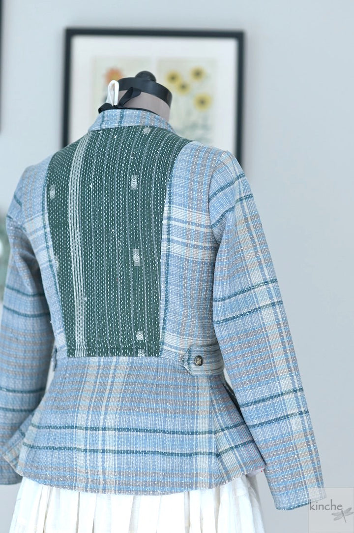 Small, Rose Kantha Short Jacket in Light Blue Check and Contrast back - kinchecom