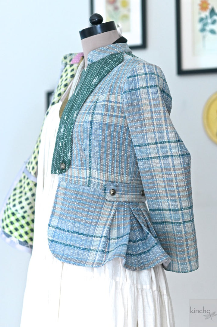 Small, Rose Kantha Short Jacket in Light Blue Check and Contrast back - kinchecom