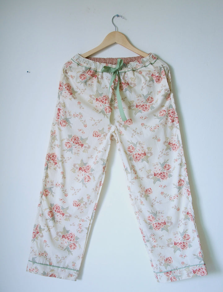 Eartha, Off White with Dark Pink Rose Print & Sage Green leaves - kinchecom